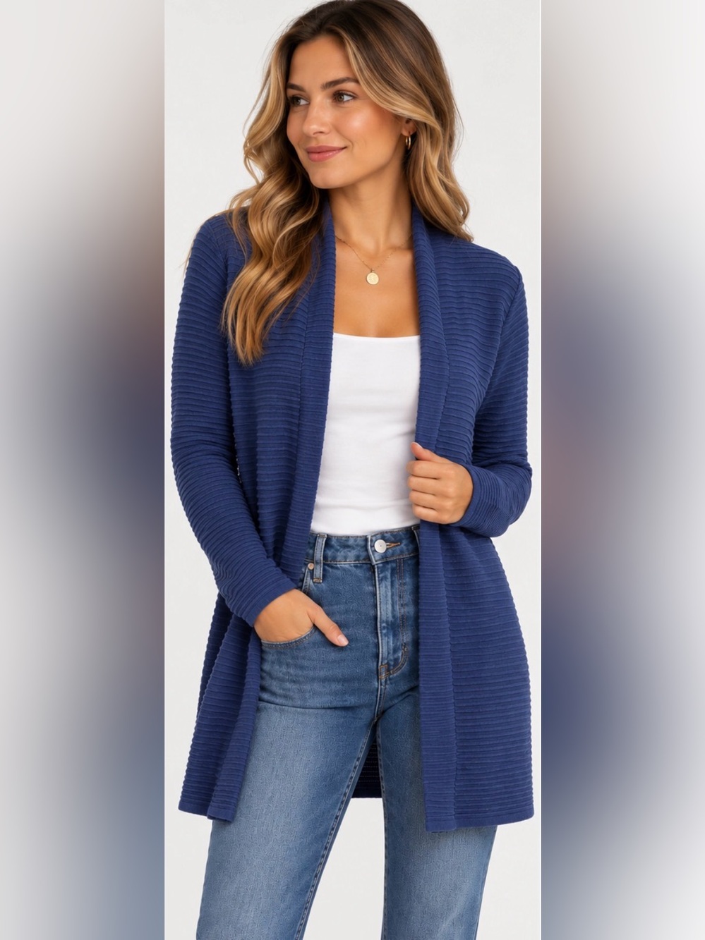 Cyrus Navy Blue Ribbed Longline Open Front Cardigan Sweater Size medium